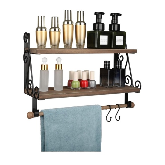 2-Tier Rustic Farmhouse Wood Wall Shelf with 8 Hooks - Picture 5 of 14